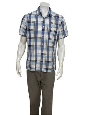 Lacoste Men’s Blue and White Plaid Short-Sleeve Button-Down Shirt
